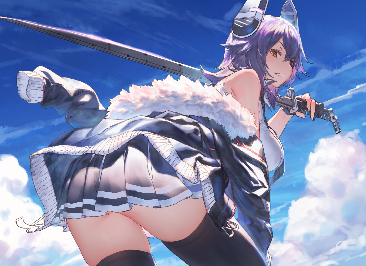 anthropomorphism, breasts, clouds, eyepatch, izumi_sai, kantai_collection, katana, orange_eyes, purple_hair, school_uniform, short_hair, skirt, sky, sword, tenryuu_(kancolle), thighhighs, weapon, zettai_ryouiki