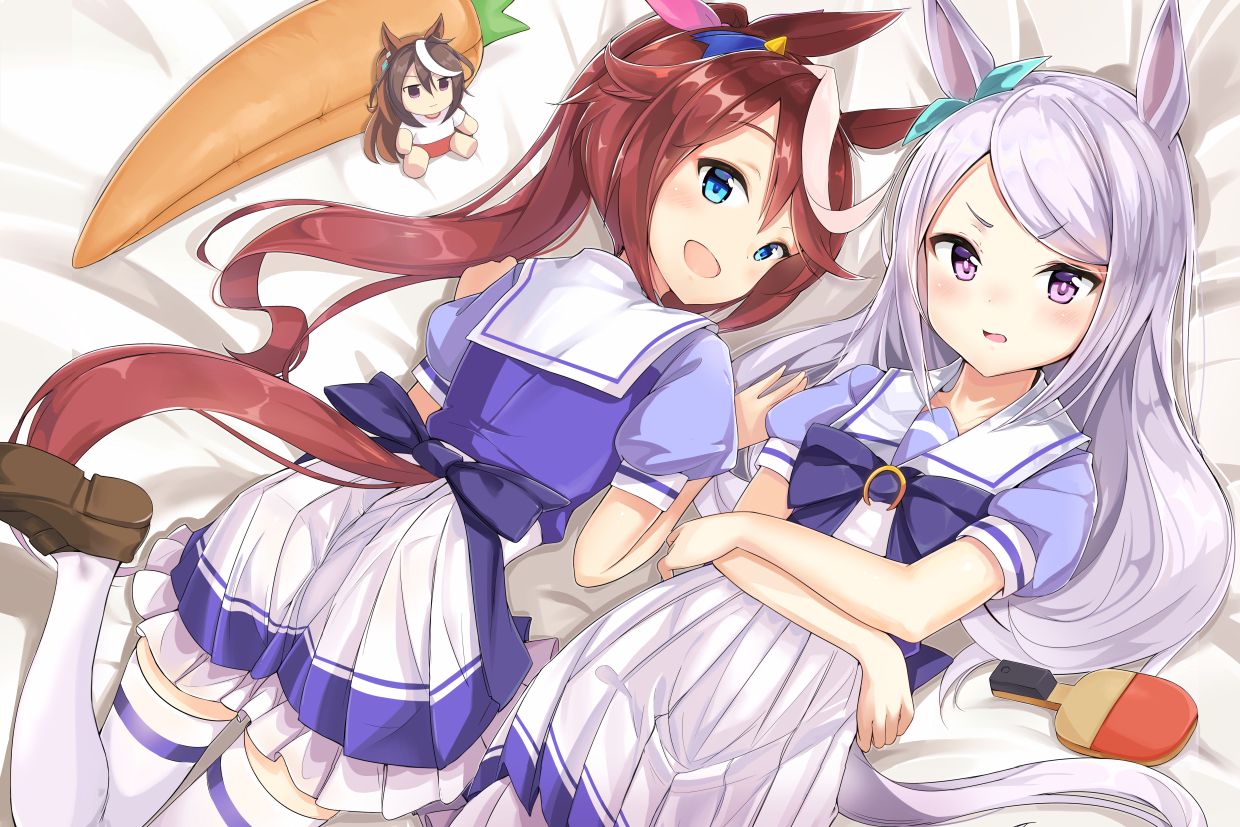2girls, aliasing, animal_ears, anthropomorphism, aqua_eyes, brown_hair, doll, j_young