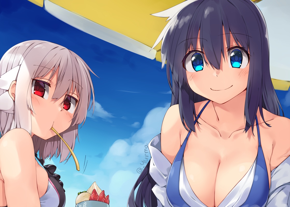 2girls, adyisu, altair_floone, aqua_eyes, area_aquamarine, black_hair, breasts, cleavage, close, clouds, food, fruit, ice_cream, long_hair, original, red_eyes, short_hair, signed, sky, strawberry, summer, swimsuit, umbrella, white_hair