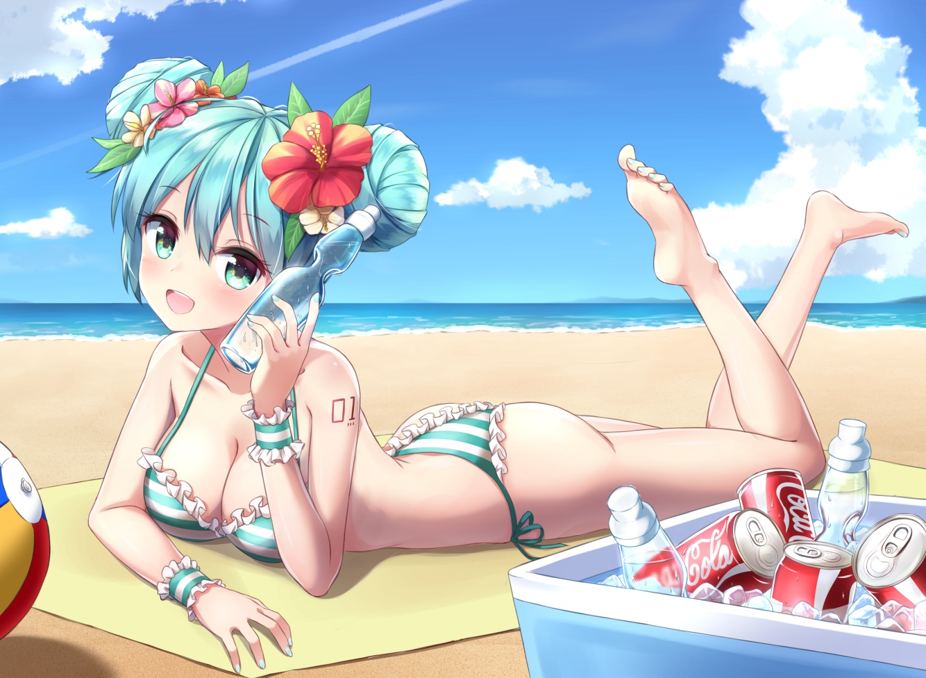 aqua_hair, ass, ball, barefoot, beach, bikini, breasts, cleavage, clouds, coca_cola, drink, flowers, green_eyes, hatsune_miku, hoonsyh, sky, summer, swimsuit, tattoo, vocaloid, water, wristwear