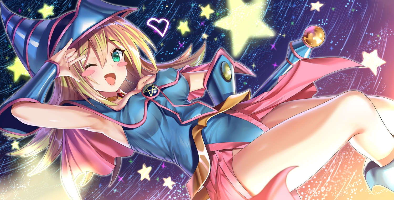 aldehyde, blonde_hair, blush, dark_magician_girl, green_eyes, hat, long_hair, staff