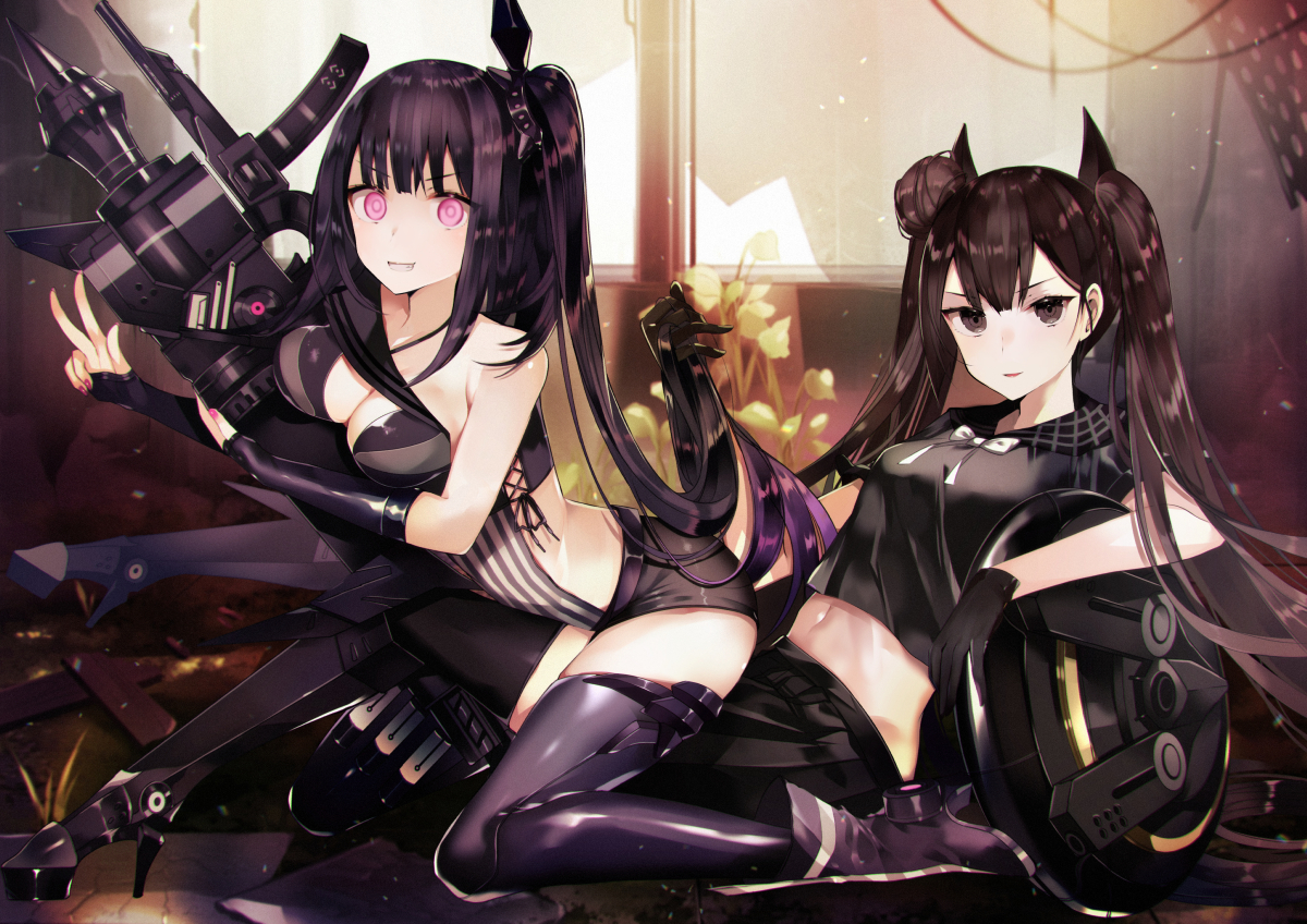 2girls, architect_(girls_frontline), breasts, brown_eyes, brown_hair, cleavage, girls_frontline, gun, long_hair, navel, ouroboros_(girls_frontline), purple_eyes, purple_hair, shorts, tetsubuta, thighhighs, twintails, weapon
