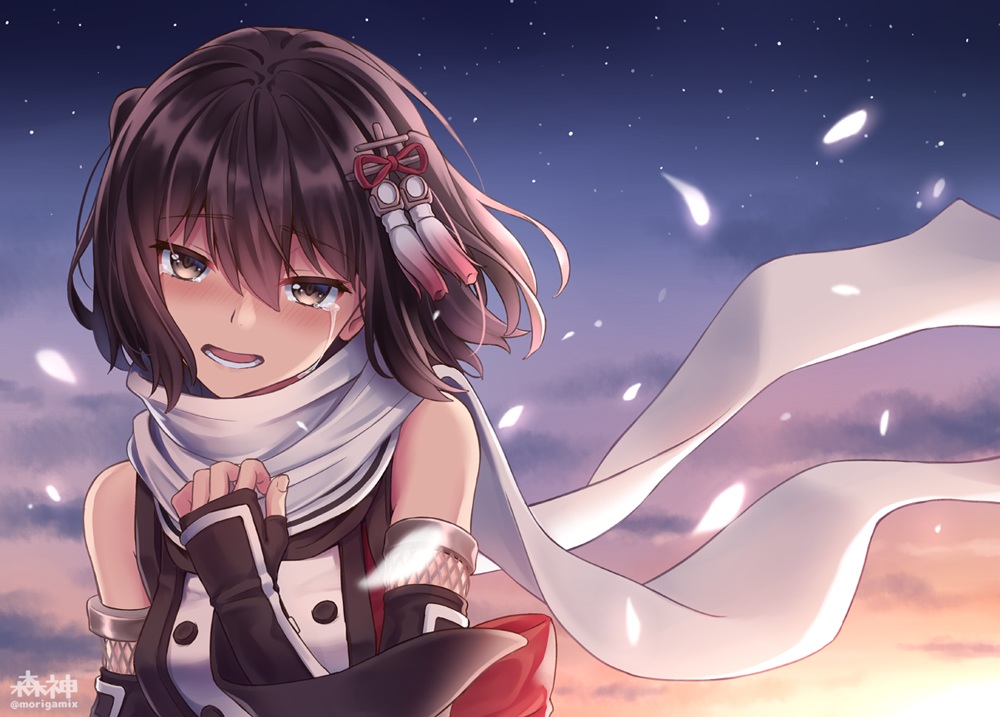 anthropomorphism, brown_eyes, brown_hair, clouds, d-style_wed, kantai_collection, petals, scarf