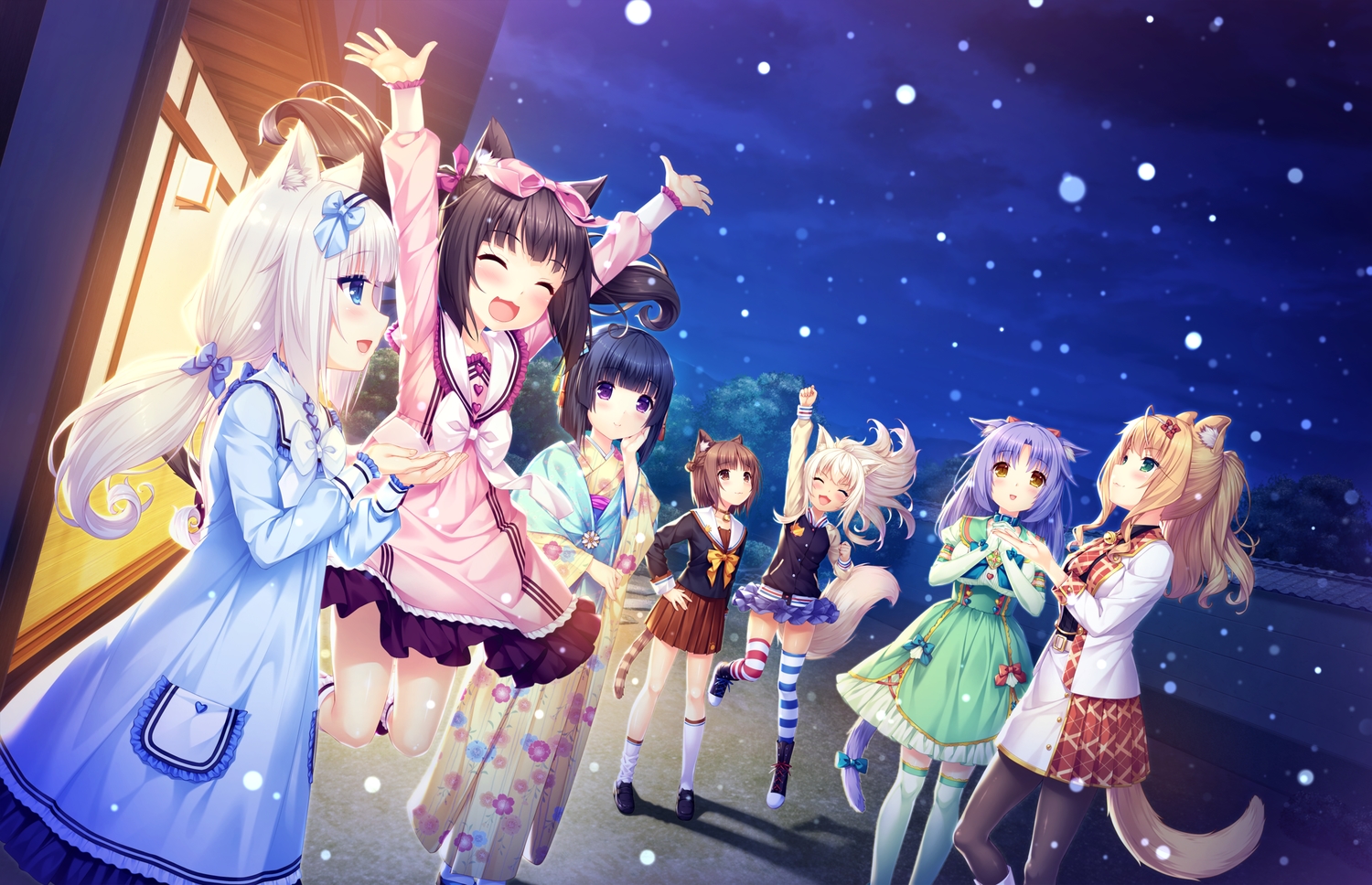 animal_ears, azuki_(sayori), black_hair, blonde_hair, blue_eyes, brown_eyes, brown_hair, catgirl