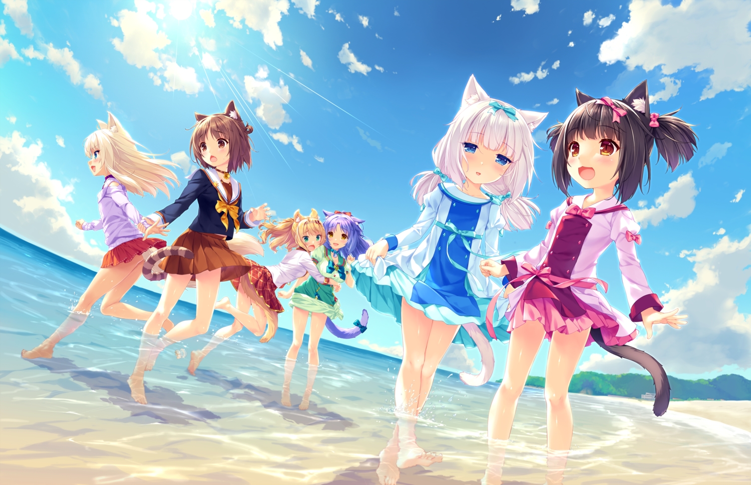 animal_ears, azuki_(sayori), barefoot, beach, black_hair, blonde_hair, blue_eyes, brown_eyes, catgirl, chocola_(sayori), cinnamon_(sayori), coconut_(sayori), game_cg, group, loli, long_hair, maple_(sayori), nekopara, neko_works, orange_hair, purple_hair, sayori, school_uniform, short_hair, skirt_lift, tail, twintails, vanilla_(sayori), water, white_hair