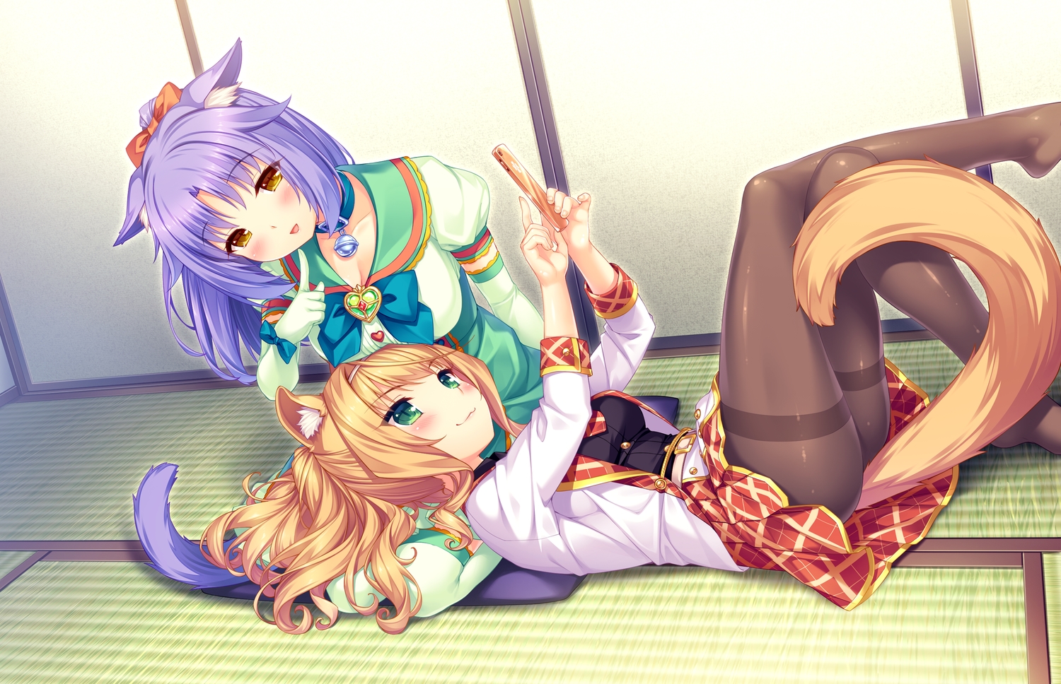2girls, animal_ears, bell, breasts, catgirl, cat_smile, cinnamon_(sayori), cleavage