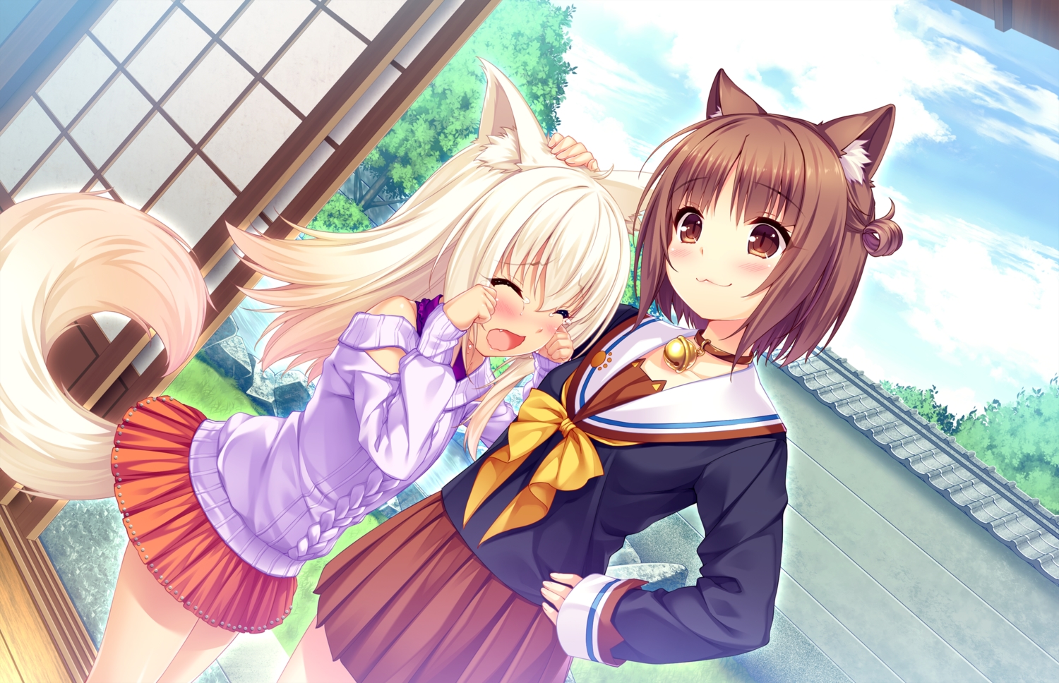 2girls, animal_ears, azuki_(sayori), bell, blonde_hair, brown_eyes, brown_hair, catgirl