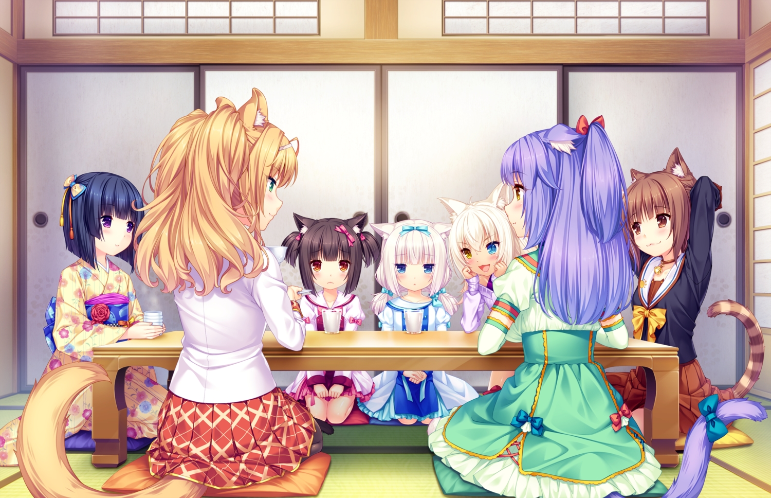 animal_ears, azuki_(sayori), bicolored_eyes, black_hair, blonde_hair, blue_eyes, brown_eyes, brown_hair