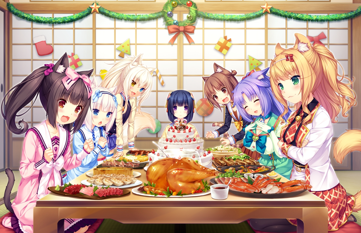 animal_ears, azuki_(sayori), bicolored_eyes, black_hair, blonde_hair, blue_eyes, breasts, brown_eyes