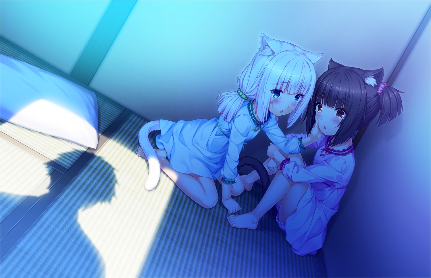 2girls, animal_ears, barefoot, black_hair, blush, brown_hair, catgirl, chocola_(sayori)