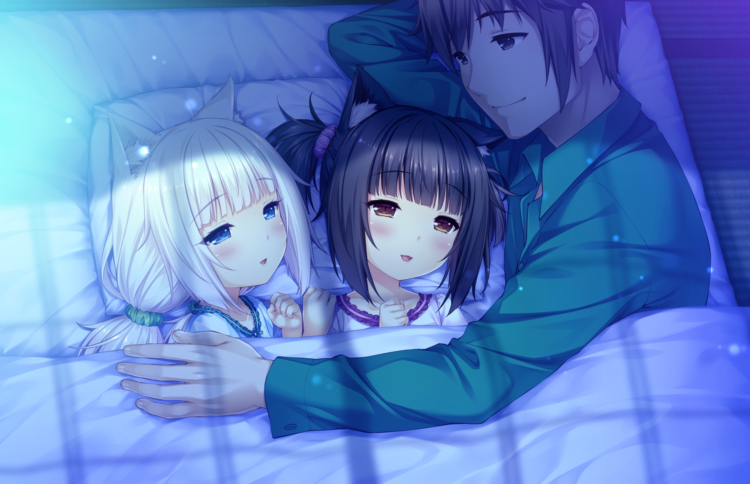 animal_ears, barefoot, bed, black_hair, blue_eyes, blush, brown_eyes, brown_hair