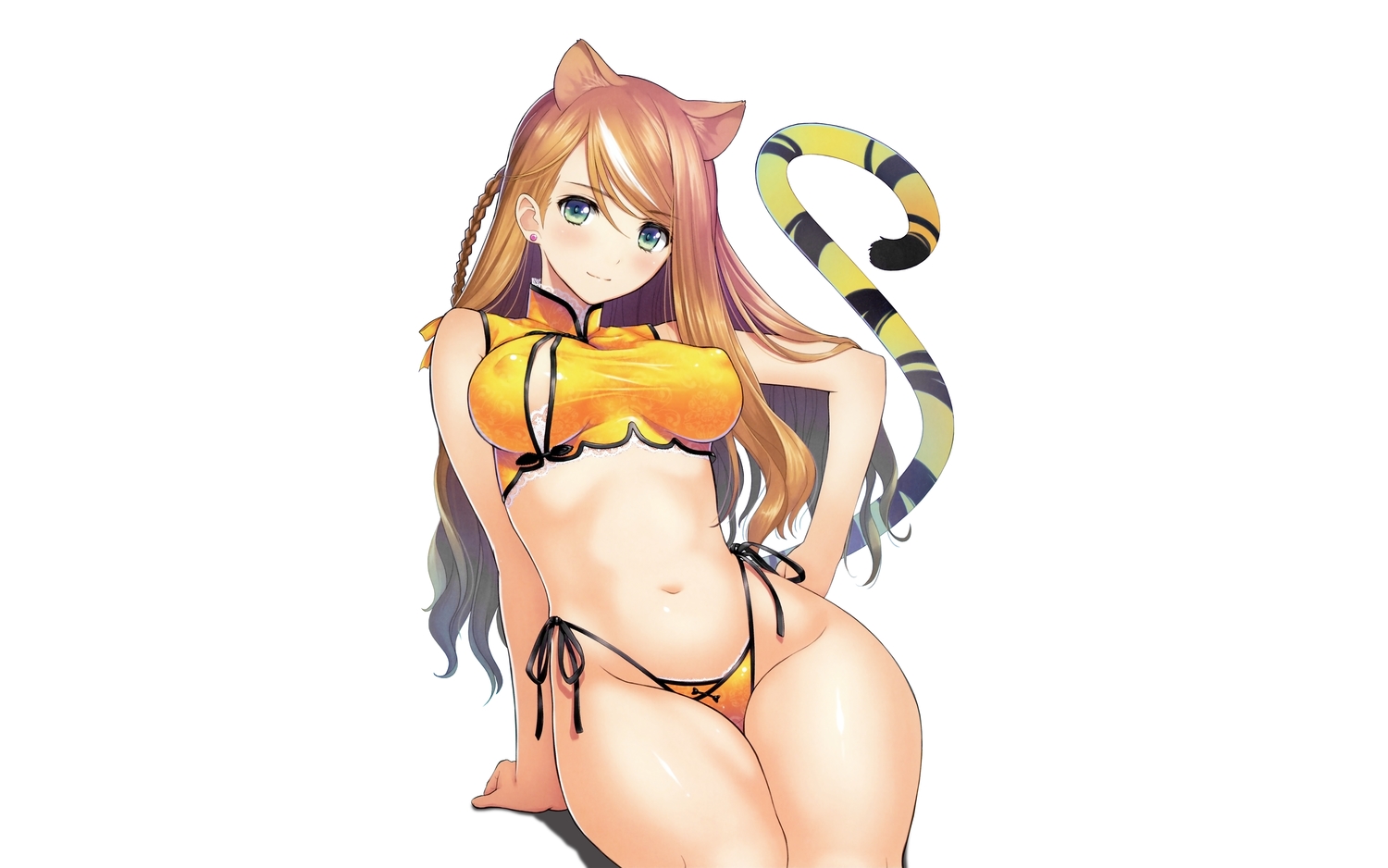 animal_ears, bikini, blush, braids, brown_hair, catgirl, erect_nipples, long_hair