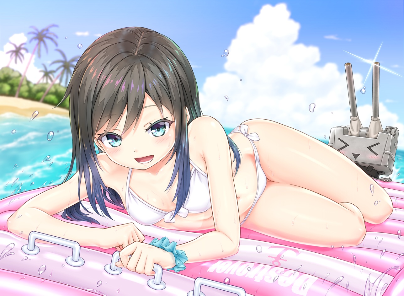 anthropomorphism, asashio_(kancolle), bikini, blue_eyes, brown_hair, clouds, gotou_hisashi, kantai_collection