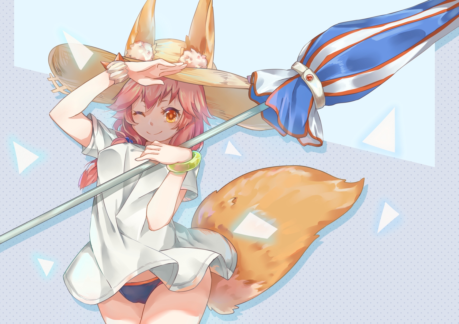 animal_ears, bikini, cameltoe, fate/grand_order, fate_(series), foxgirl, long_hair, orange_eyes, pink_hair, suo_niao, swimsuit, tail, tamamo_no_mae_(fate), umbrella, wink, wristwear