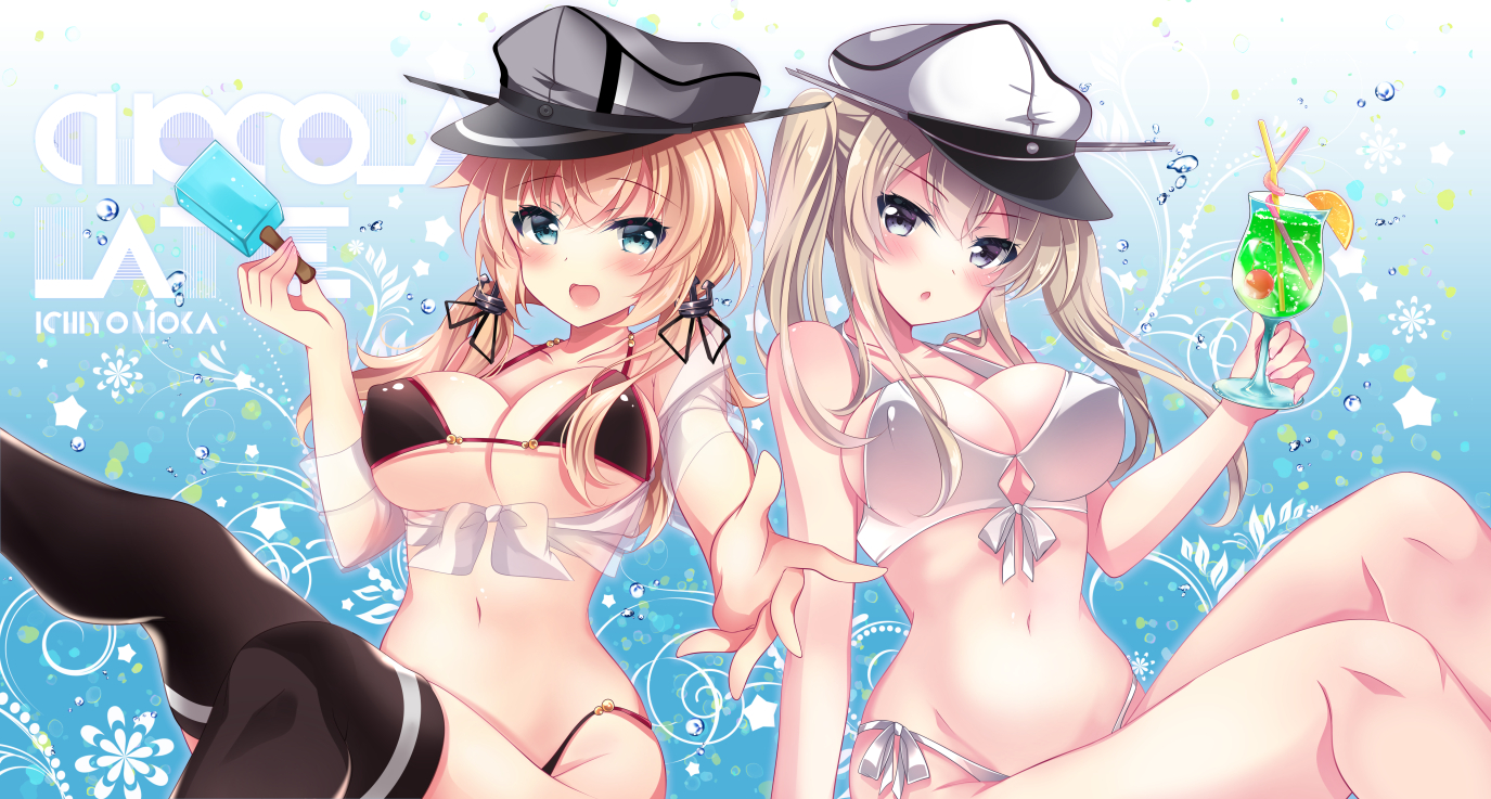 2girls, aliasing, anthropomorphism, bikini, blonde_hair, blue_eyes, drink, erect_nipples