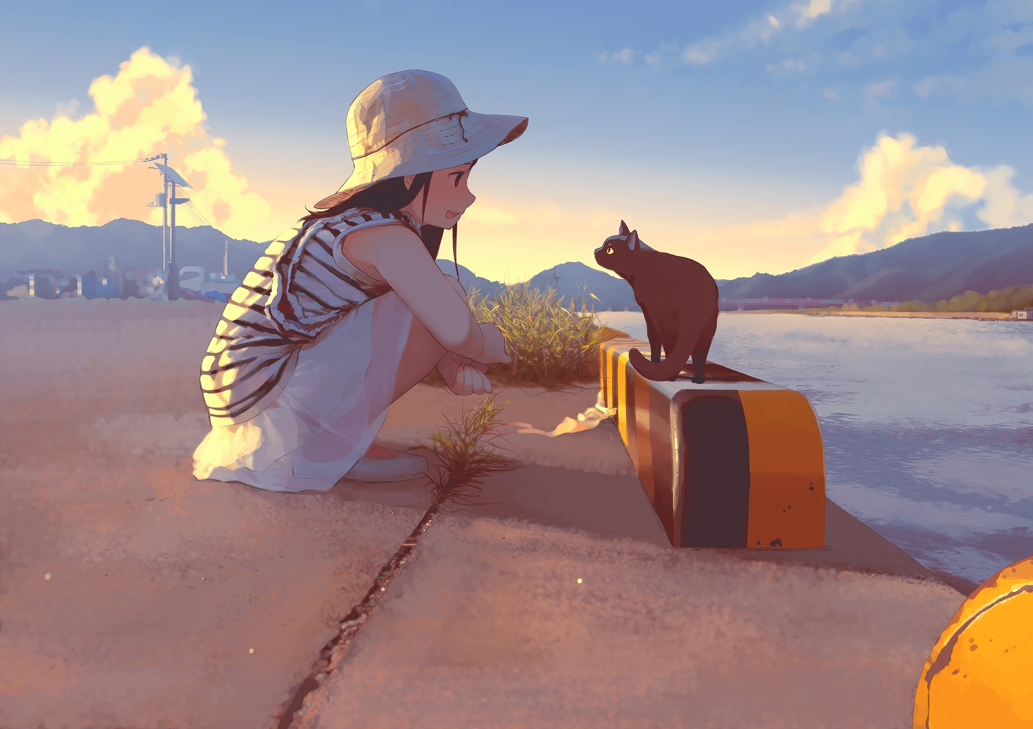animal, black_hair, cat, clouds, hat, long_hair, morifumi, original, scenic, skirt, sky, water