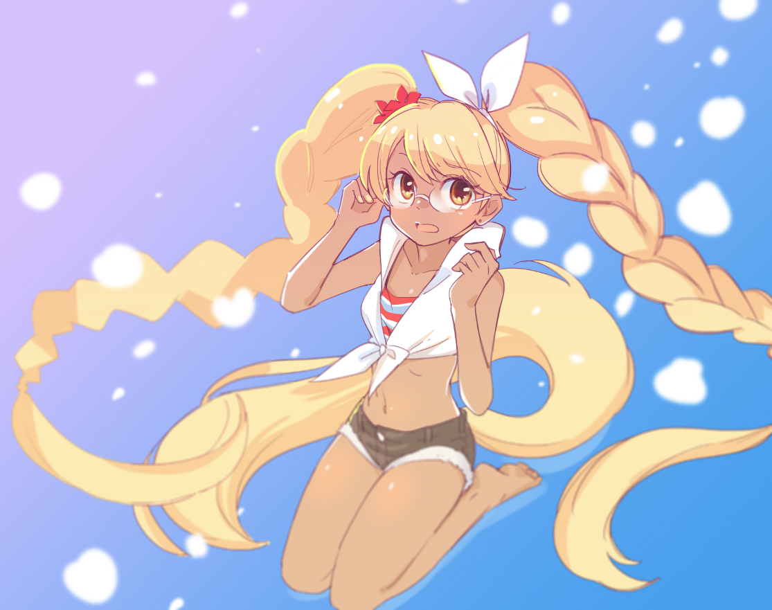 barefoot, blonde_hair, blue, dark_skin, glasses, long_hair, mijica, retoree_(show_by_rock!!), shorts, show_by_rock!!, twintails, yellow_eyes