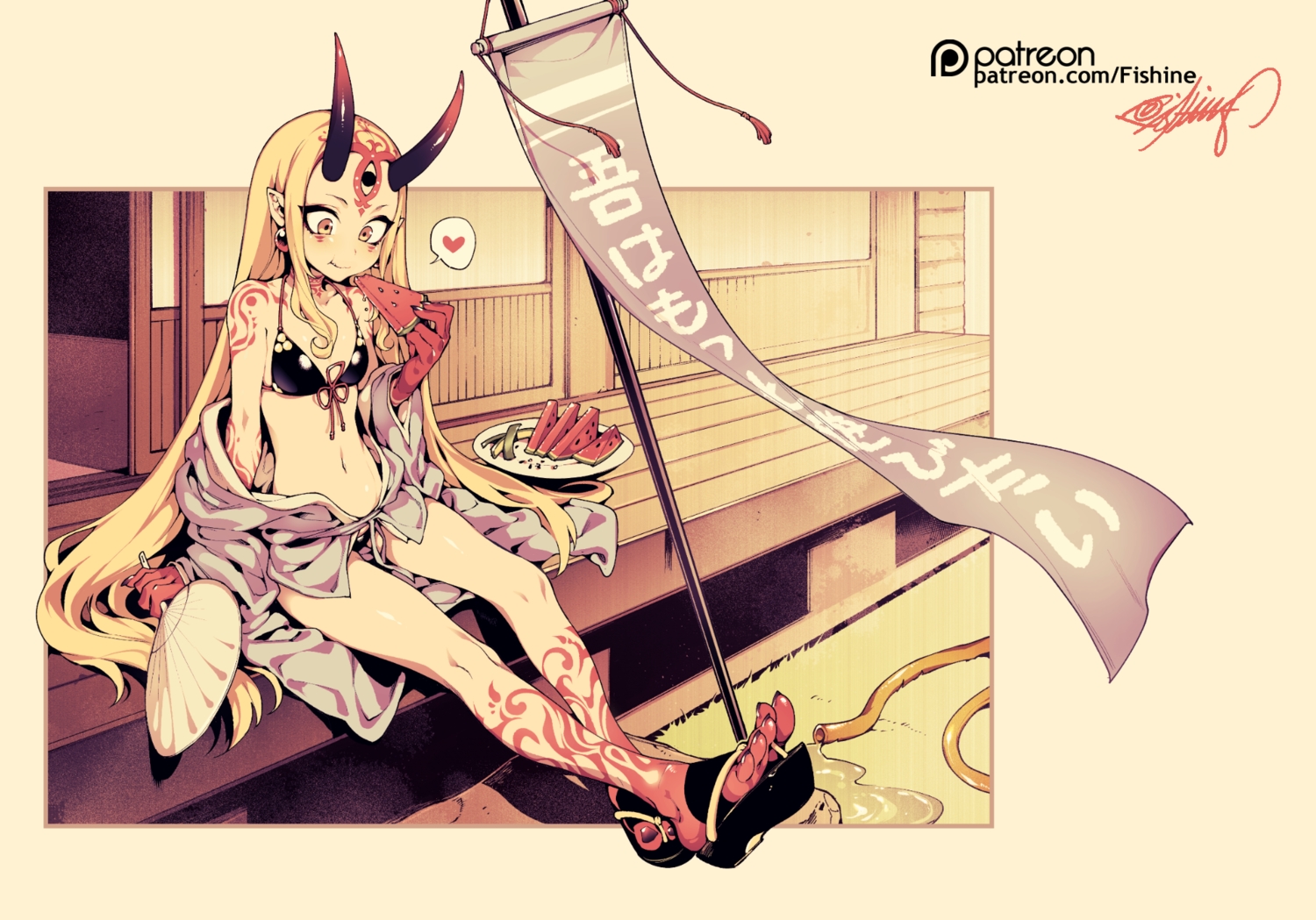 bikini, blonde_hair, demon, fan, fate/grand_order, fate_(series), fishine, food