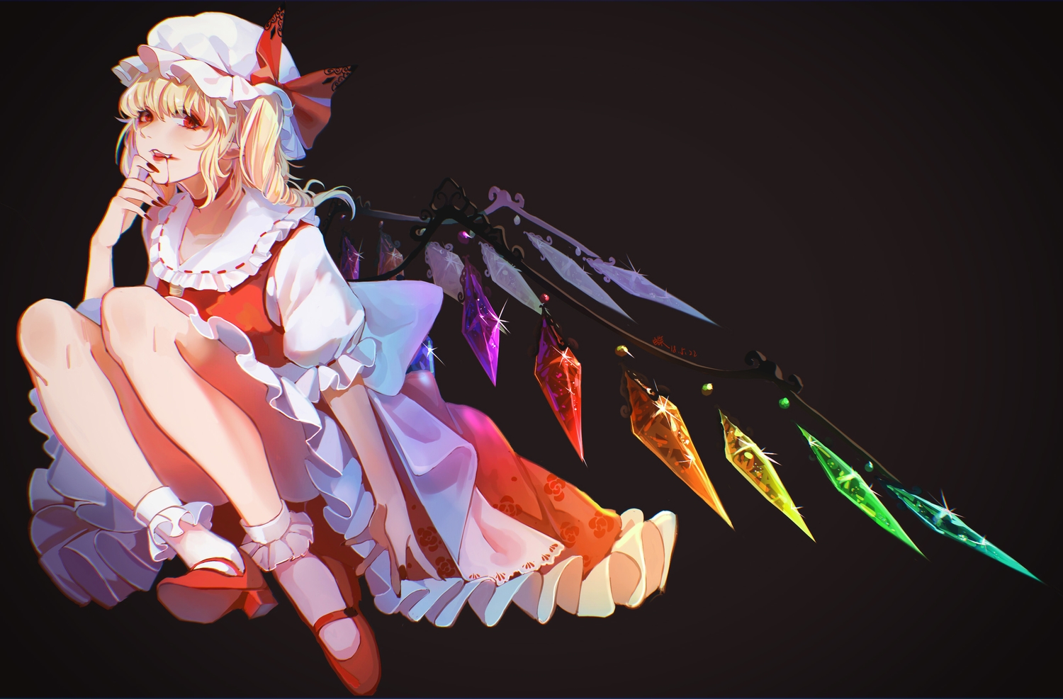 blonde_hair, blood, choker, dress, fang, flandre_scarlet, gradient, hat, houraisan_chouko, pointed_ears, ponytail, red_eyes, short_hair, signed, socks, touhou, vampire, wings