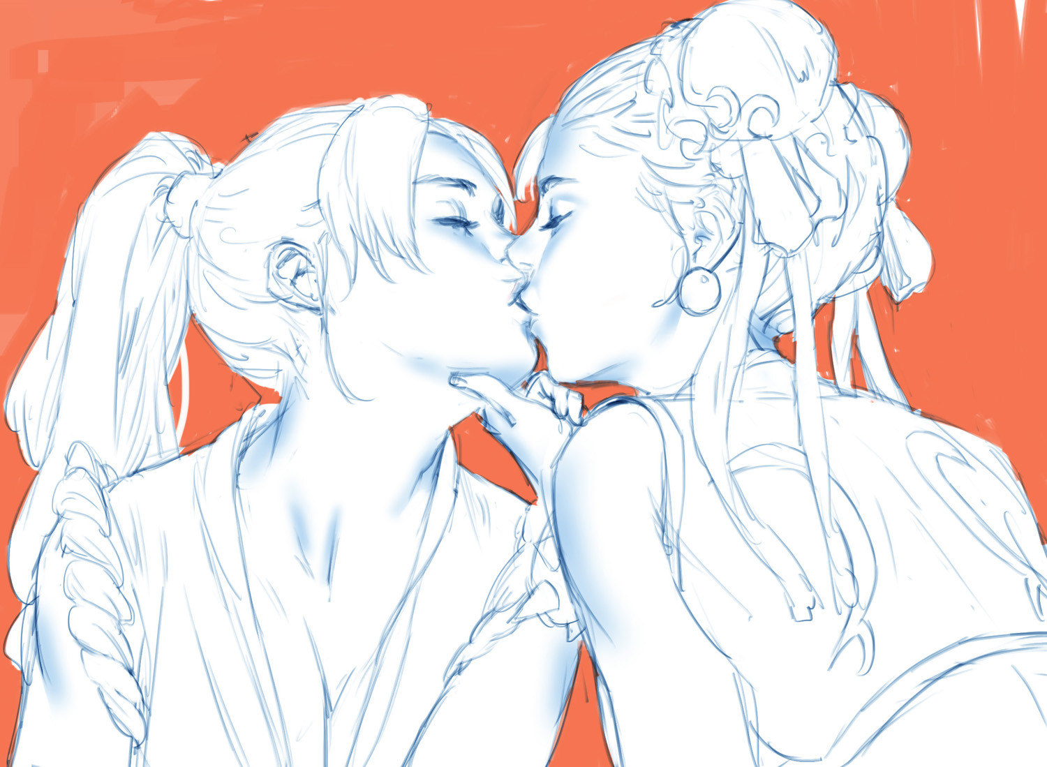 2girls, braveking, breasts, chun-li, cleavage, japanese_clothes, king_of_fighters, kiss