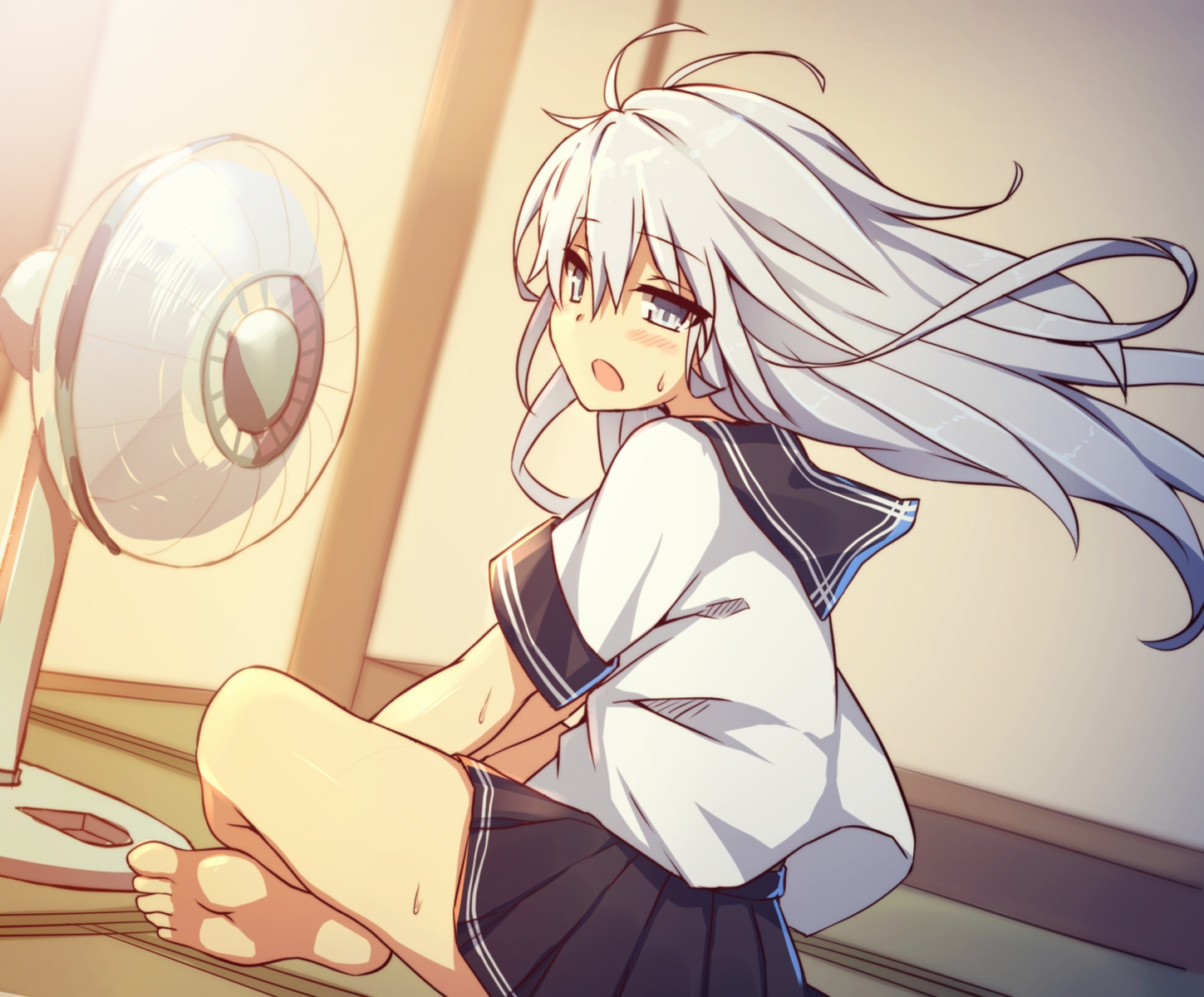 anthropomorphism, barefoot, blush, fan, gray_eyes, gray_hair, hibiki_(kancolle), kantai_collection