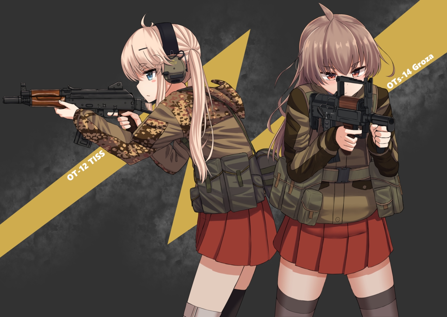 2girls, aqua_eyes, blonde_hair, brown_hair, gun, headphones, long_hair, military