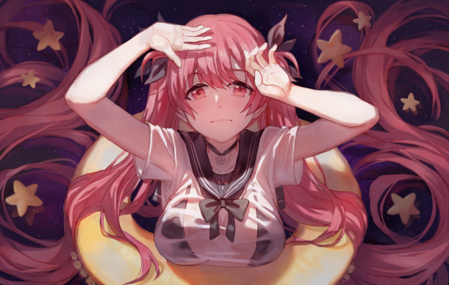 anthropomorphism, azur_lane, bekko, bikini_top, breasts, choker, cleavage, honolulu_(azur_lane), long_hair, necklace, pink_eyes, pink_hair, school_uniform, see_through, space, stars, swim_ring, twintails