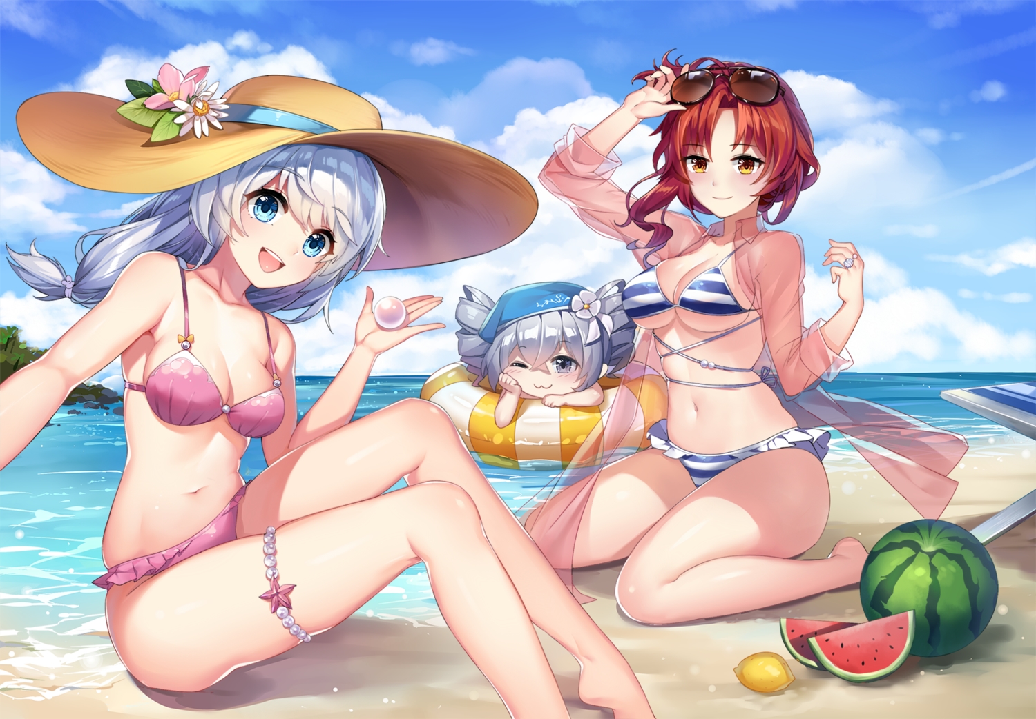 aqua_eyes, barefoot, beach, bikini, breasts, bronya_zaychik, cat_smile, cleavage, clouds, food, fruit, garter, gray_eyes, gray_hair, hat, honkai_impact, honkai_(series), long_hair, murata_himeko, navel, orange_eyes, red_hair, see_through, short_hair, sky, sunglasses, swim_ring, swimsuit, theresa_apocalypse, twintails, water, watermelon, white_hair, wink, xingxiang_senlin