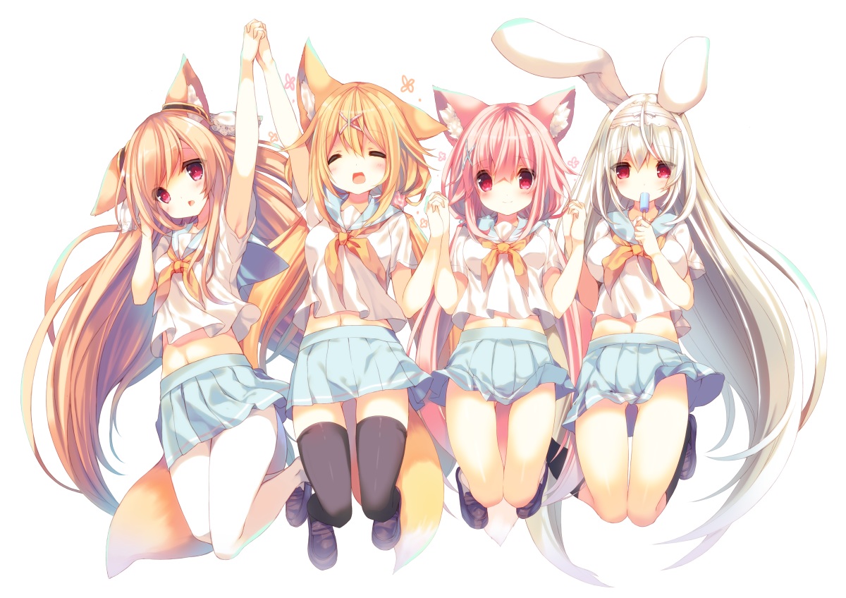 amamiya_aki, amamiya_mei, animal_ears, blonde_hair, bunny_ears, bunnygirl, cynthia_riddle, foxgirl