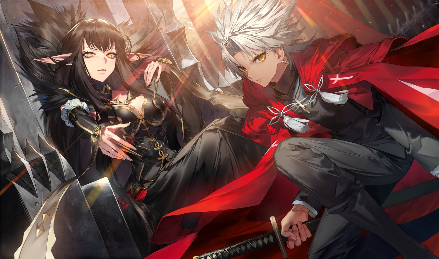 amakusa_shirou, black_hair, breasts, cape, cleavage, cross, dark_skin, fate/grand_order, fate_(series), hood, katana, kodama_(wa-ka-me), long_hair, male, pointed_ears, semiramis, short_hair, sword, waifu2x, weapon, white_hair, yellow_eyes