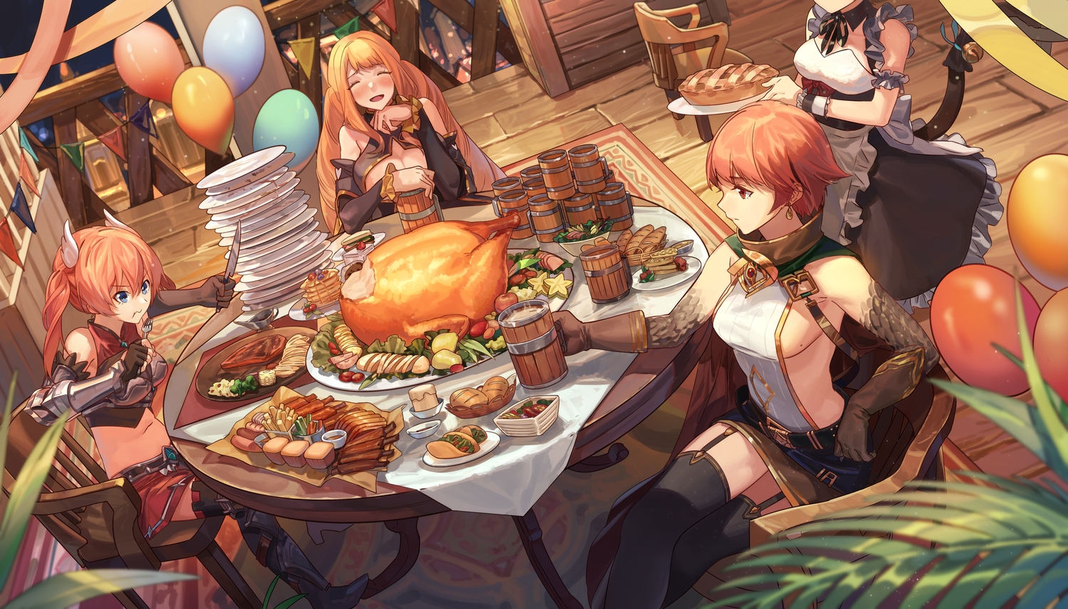 armor, blue_eyes, boots, breasts, cape, catgirl, cleavage, drink, elbow_gloves, food, fredrica_(sdorica), garter_belt, gloves, group, karen_(sdorica), kittyeyes_(sdorica), knife, long_hair, maid, orange_hair, red_eyes, red_hair, rff_(3_percent), sdorica_-sunset-, short_hair, sideboob, skirt, stockings, tagme_(character), tail, thighhighs, twintails, waitress, zettai_ryouiki