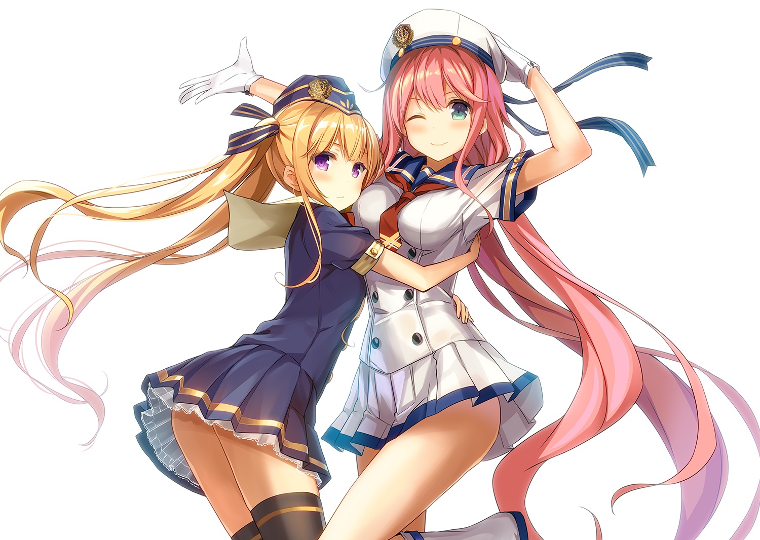 2girls, blonde_hair, boots, gloves, green_eyes, hat, hug, long_hair