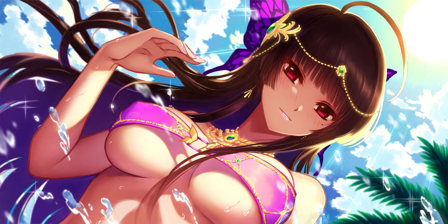 aliasing, breasts, brown_hair, close, clouds, headdress, long_hair, necklace, original, red_eyes, silence, sky, water