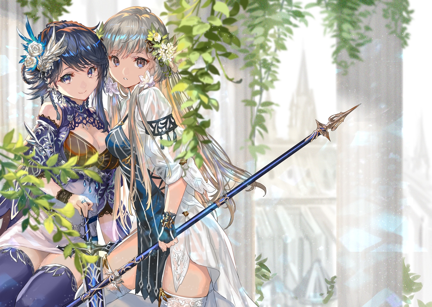 2girls, blonde_hair, blue_eyes, blue_hair, dress, flowers, jpeg_artifacts, long_hair