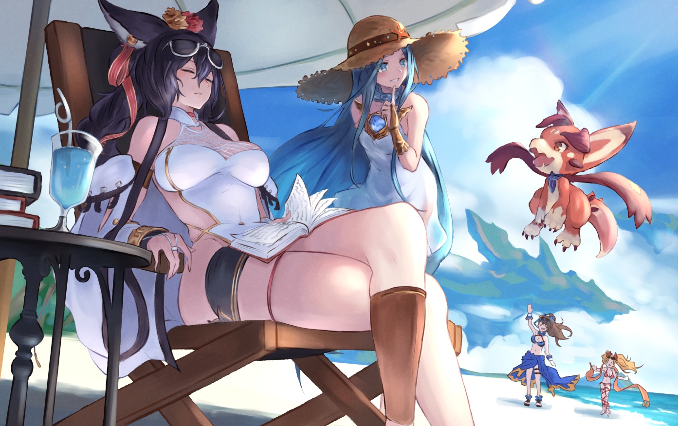 animal_ears, beach, beatrix_(granblue_fantasy), black_hair, blonde_hair, book, brown_hair, clouds, dress, drink, flowers, granblue_fantasy, green_eyes, green_hair, hat, ilsa_(granblue_fantasy), long_hair, lyria_(granblue_fantasy), na_(oagenosuke), ponytail, rose, sky, sleeping, summer_dress, sunglasses, water, zeta_(granblue_fantasy)
