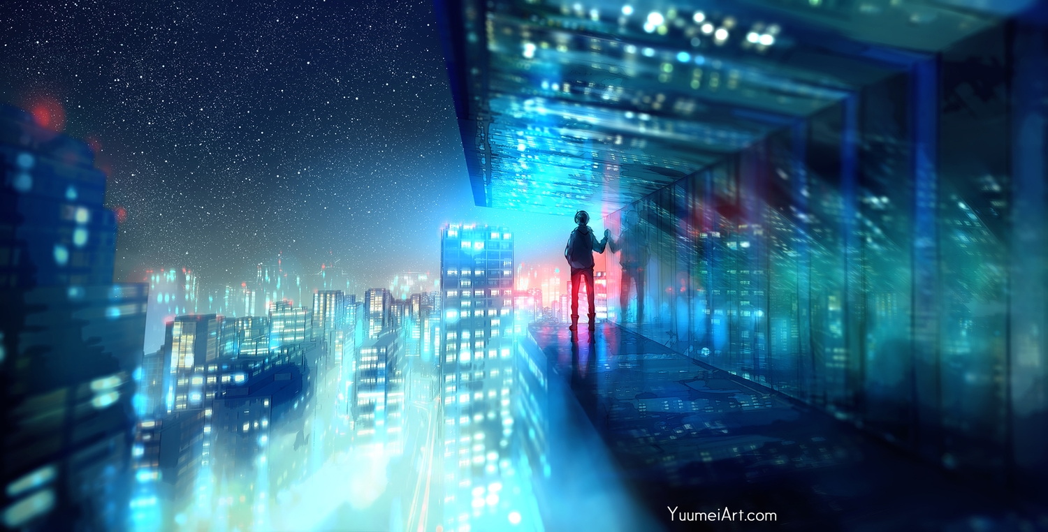 all_male, building, city, fisheye_placebo, frey_(fisheye_placebo), male, night, reflection, scenic, sky, stars, watermark, wenqing_yan_(yuumei_art)