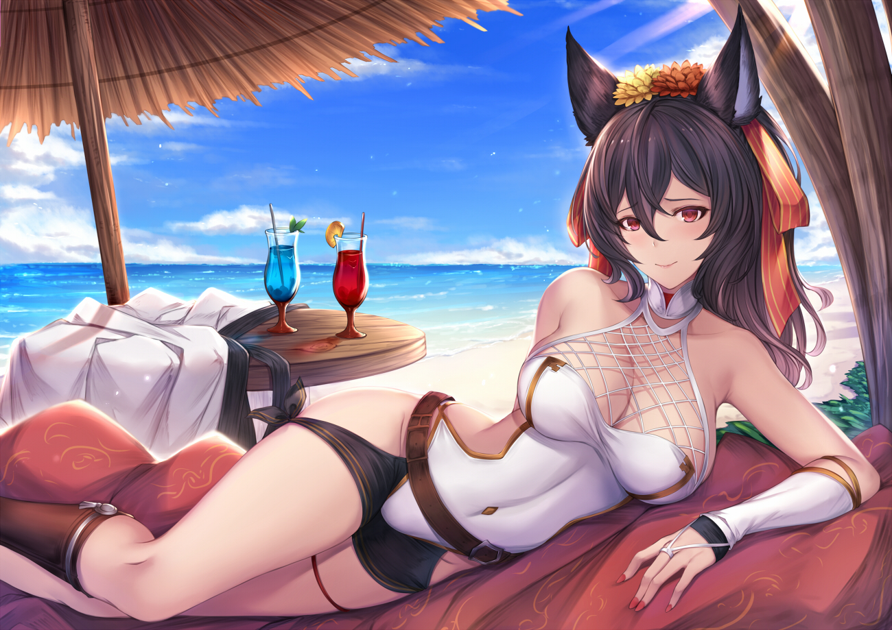 animal_ears, beach, black_hair, blush, clouds, drink, granblue_fantasy, ilsa_(granblue_fantasy), long_hair, pak_ce, red_eyes, sky, umbrella, water
