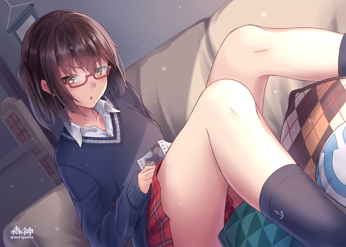 anthropomorphism, book, brown_eyes, brown_hair, couch, d-style_wed, glasses, kantai_collection