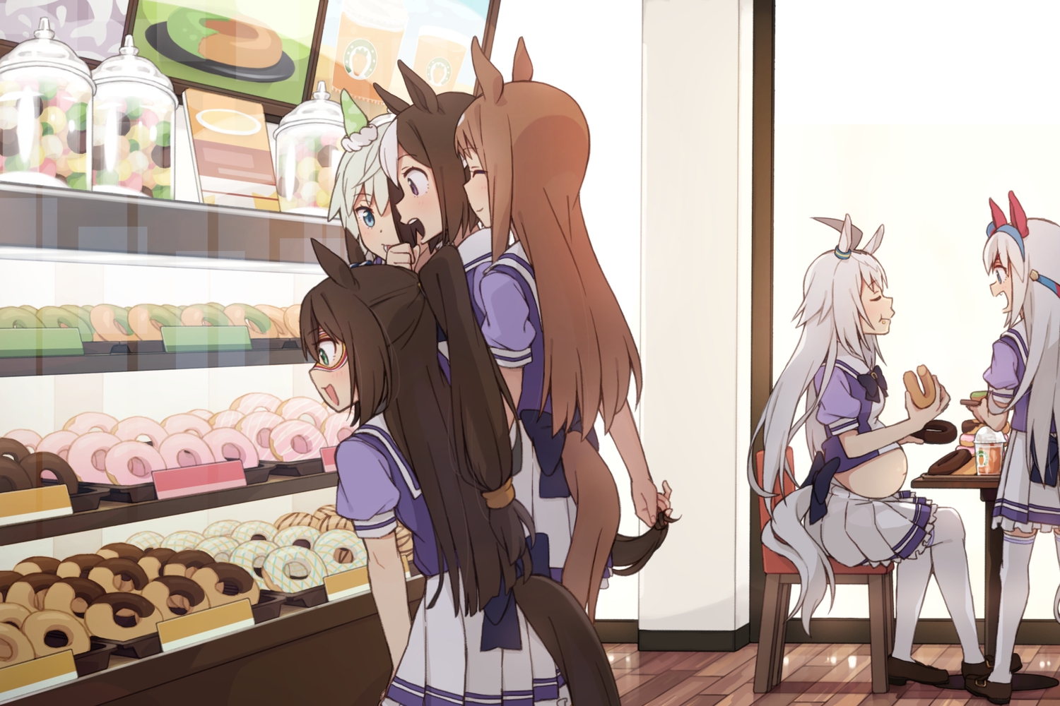 133431km, animal_ears, anthropomorphism, bow, brown_hair, candy, chocolate, el_condor_pasa_(umamusume), fang, food, grass_wonder_(umamusume), green_eyes, group, headband, mask, oguri_cap_(umamusume), ponytail, purple_eyes, school_uniform, seiun_sky_(umamusume), skirt, special_week_(umamusume), tail, tamamo_cross_(umamusume), thighhighs, uma_musume:_pretty_derby, white_hair