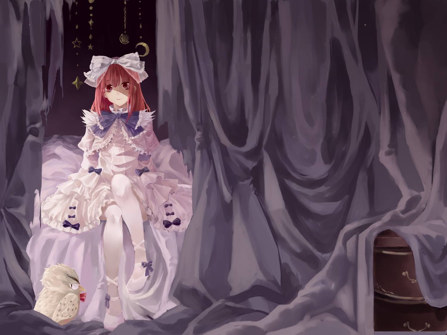 animal, bed, bird, bow, deathsmiles, lolita_fashion, long_hair, pantyhose