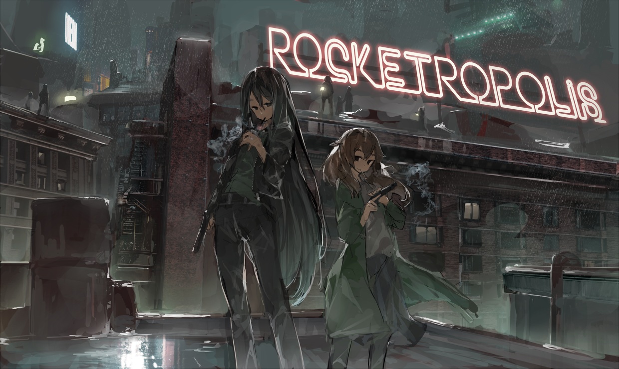 2girls, black_eyes, black_hair, brown_hair, building, cigarette, city, dark, gun, long_hair, night, original, ph., rain, smoking, water, weapon