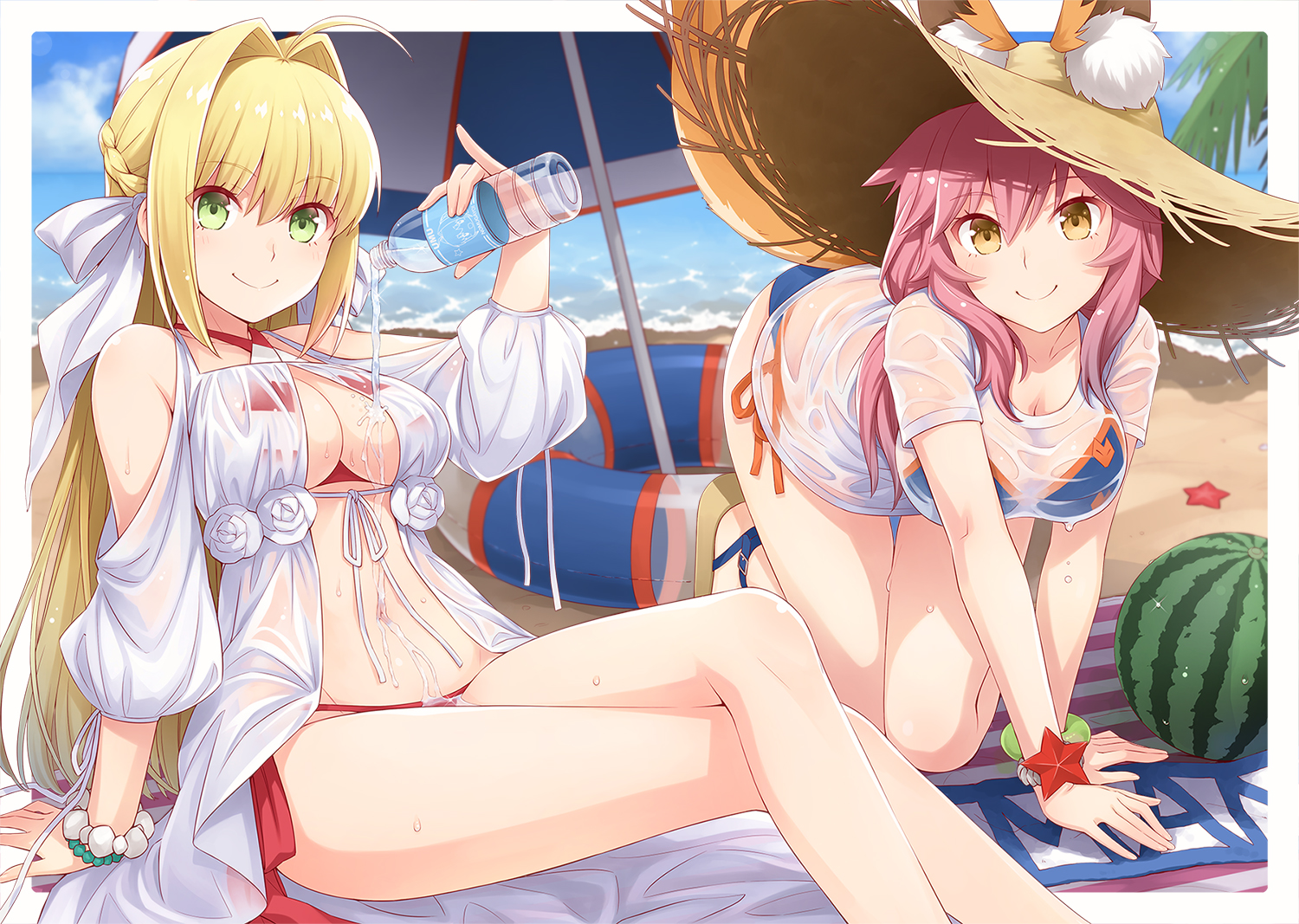 2girls, animal_ears, beach, bikini, blonde_hair, bow, braids, clouds, drink, fate/grand_order, fate_(series), food, foxgirl, fruit, green_eyes, ha-ru, hat, long_hair, nero_claudius_(fate), pink_hair, see_through, sky, swim_ring, swimsuit, tamamo_no_mae_(fate), umbrella, water, watermelon, wristwear