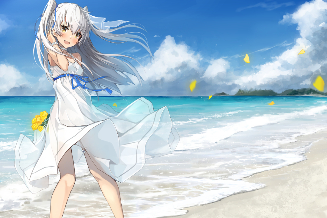amatsukaze_(kancolle), anthropomorphism, beach, clouds, dress, gray_hair, kantai_collection, long_hair, petals, sky, summer_dress, takanashi_kei, twintails, water, yellow_eyes