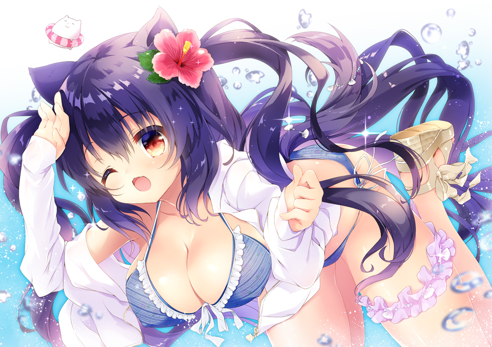animal_ears, bikini, breasts, bubbles, cleavage, fang, flowers, long_hair