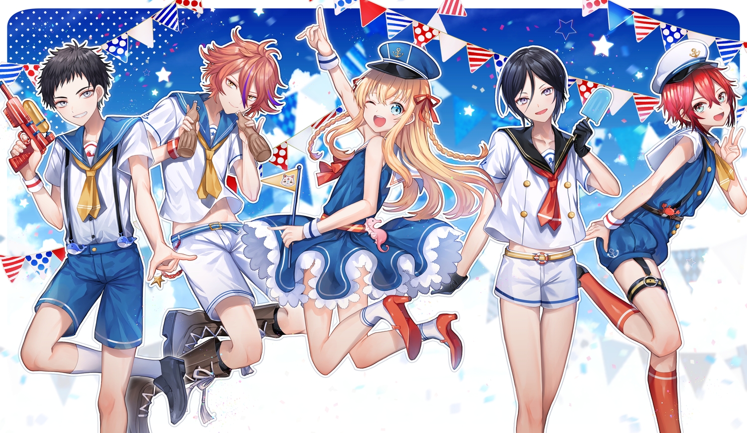 abandon_ranka, all_male, anthropomorphism, aqua_eyes, atsushi_toushirou, black_hair, blonde_hair, boots, braids, brown_hair, chain, dress, garter, gloves, gotou_toushirou, group, hat, kneehighs, konnosuke, long_hair, male, midare_toushirou, otoko_no_ko, popsicle, red_hair, school_uniform, shinano_toushirou, short_hair, shorts, touken_ranbu, wink, wristwear, yagen_toushirou, yellow_eyes
