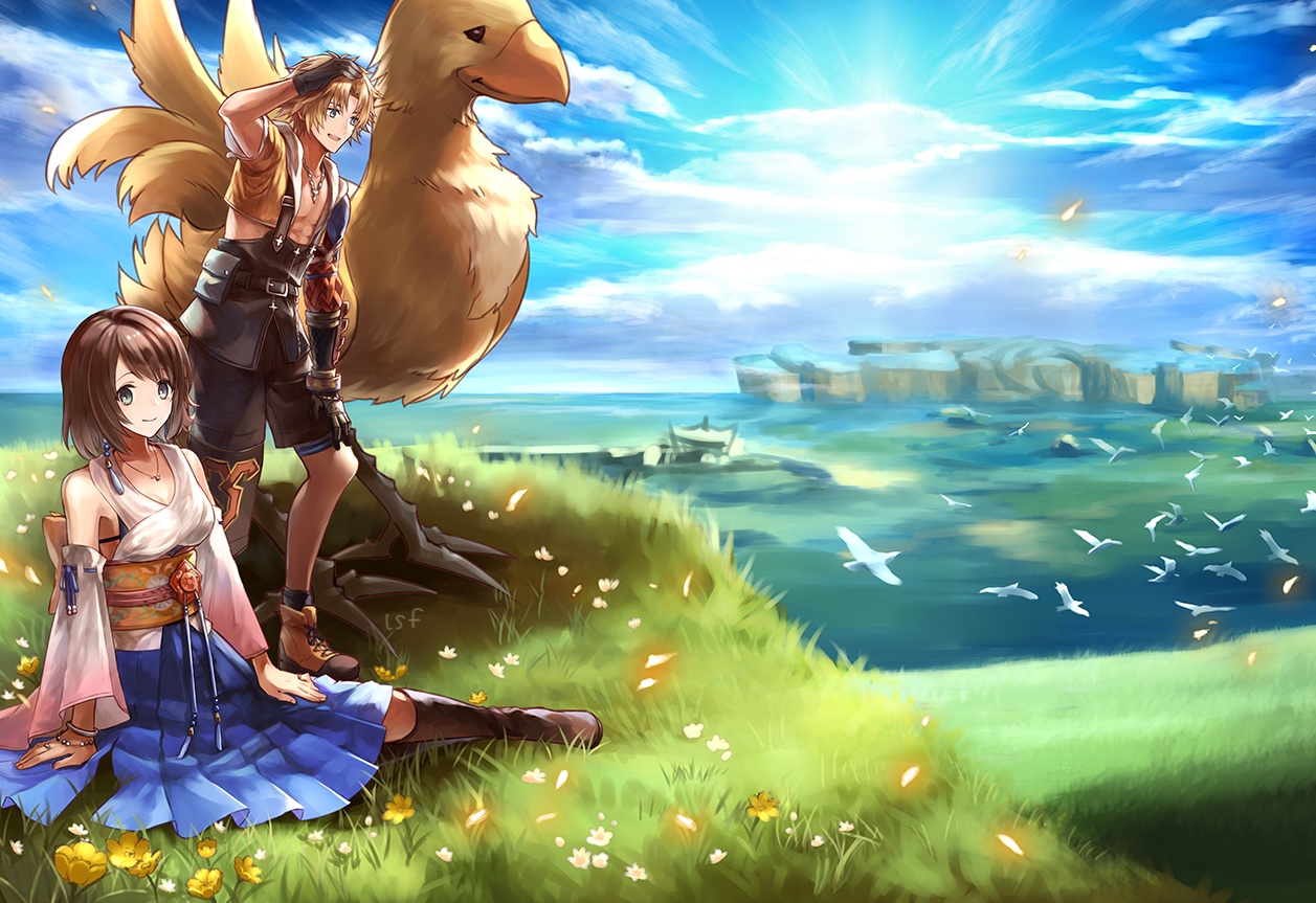 animal, bird, blonde_hair, boots, brown_hair, chocobo, clouds, final_fantasy, final_fantasy_x, flowers, gloves, grass, green_eyes, japanese_clothes, male, necklace, sasanomesi, short_hair, skirt, sky, tidus, water, wristwear, yuna_(ffx)