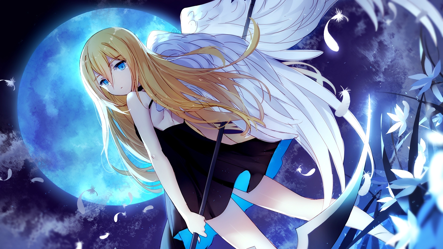 aqua_eyes, bison_cangshu, blonde_hair, clouds, dress, feathers, flowers, long_hair, moon, night, rachel_gardner, satsuriku_no_tenshi, scythe, sky, summer_dress, weapon, wings