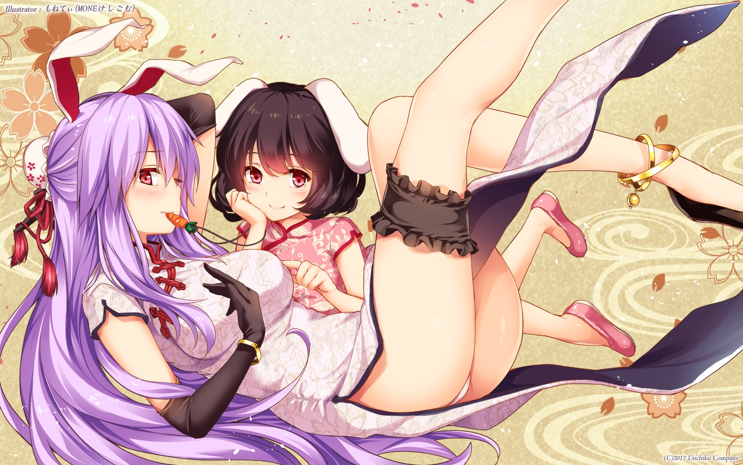 2girls, animal_ears, ass, black_hair, blush, breasts, bunny_ears, bunnygirl, chinese_clothes, chinese_dress, dress, elbow_gloves, garter, gloves, inaba_tewi, loli, long_hair, moneti_(daifuku), necklace, panties, purple_hair, red_eyes, reisen_udongein_inaba, short_hair, touhou, underwear, watermark, wink