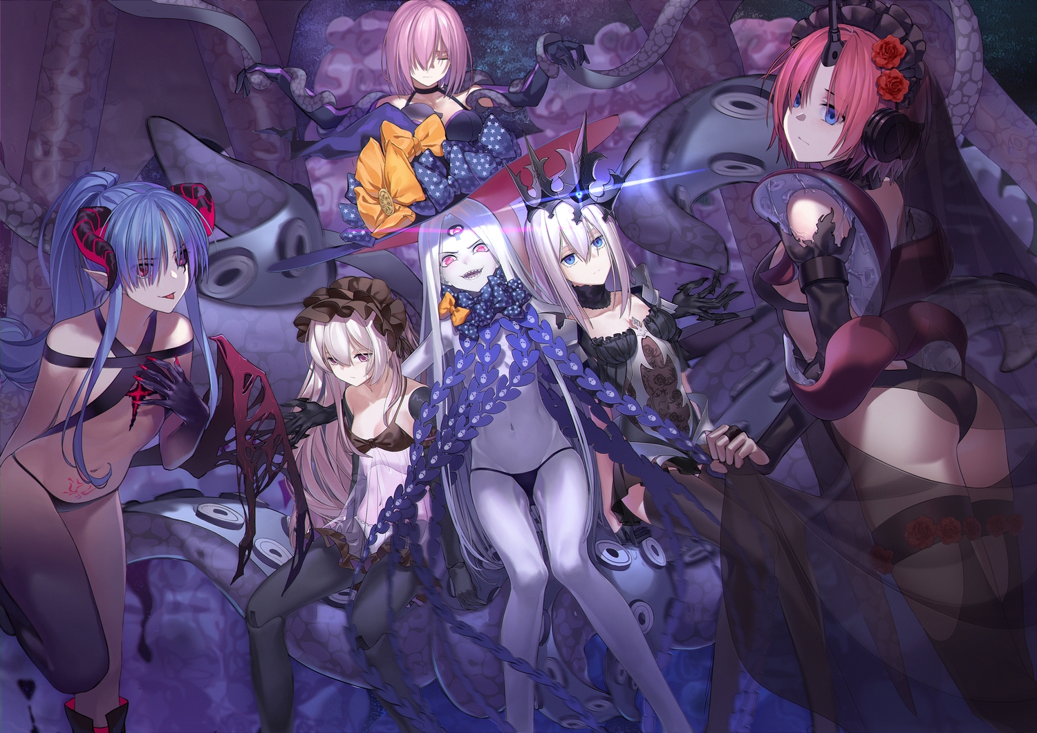 abigail_williams_(fate/grand_order), ass, bikini, blonde_hair, blue_eyes, blue_hair, bondage, bow, caster_lily, doll, dress, elbow_gloves, fate/grand_order, fate_(series), frankenstein, gloves, group, hat, horns, long_hair, marie_antoinette_(fate/grand_order), mash_kyrielight, navel, nursery_rhyme_(fate/extra), pantyhose, pink_eyes, pink_hair, pointed_ears, ponytail, purple_eyes, qiong_sheng, see_through, short_hair, swimsuit, tentacles, thighhighs, white_hair, wings