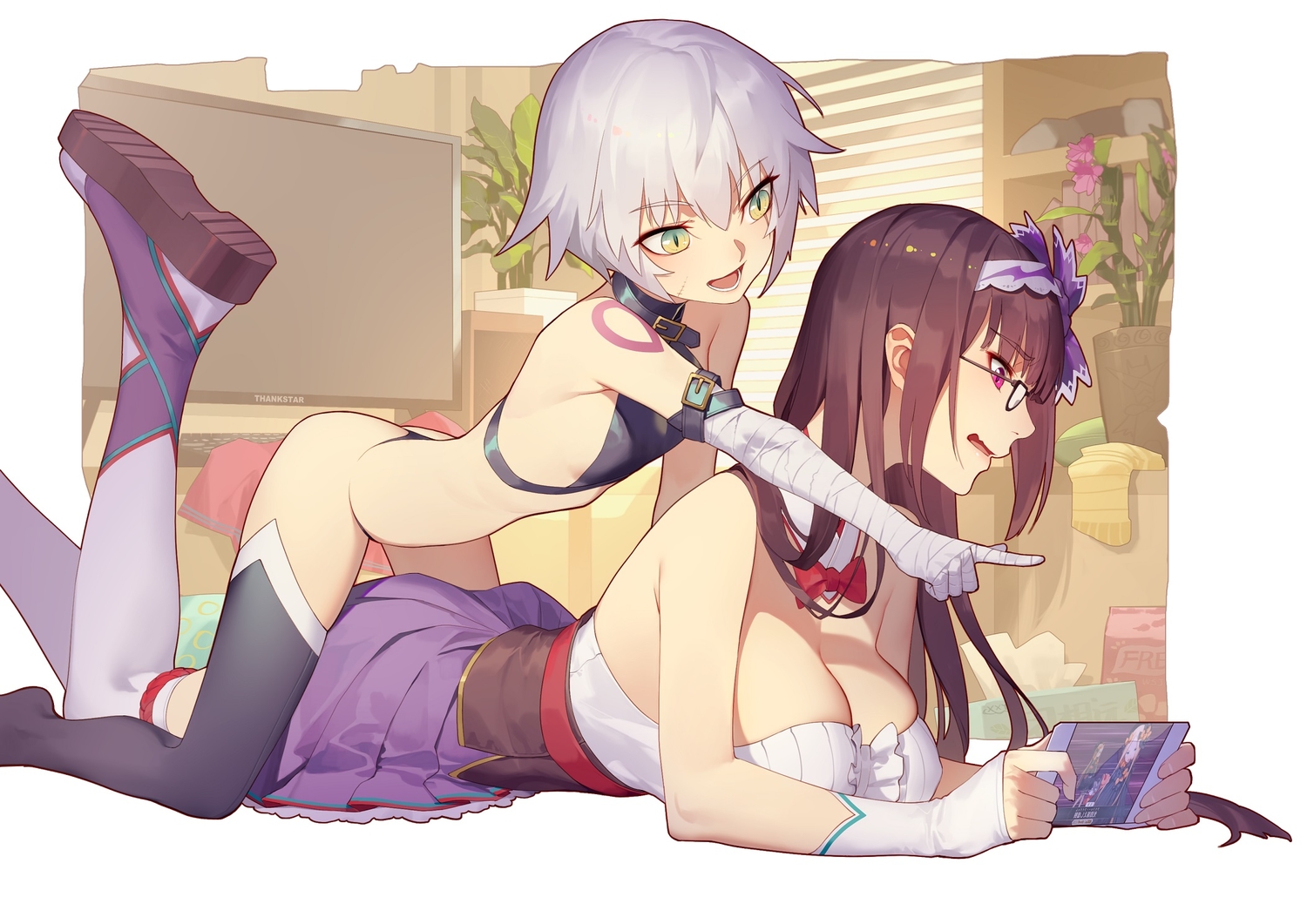 2girls, ass, bandage, breasts, brown_hair, cleavage, daye_bie_qia_lian, fate/grand_order, fate_(series), glasses, green_eyes, jack_the_ripper, japanese_clothes, jpeg_artifacts, long_hair, osakabehime, pink_eyes, short_hair, thighhighs, white_hair